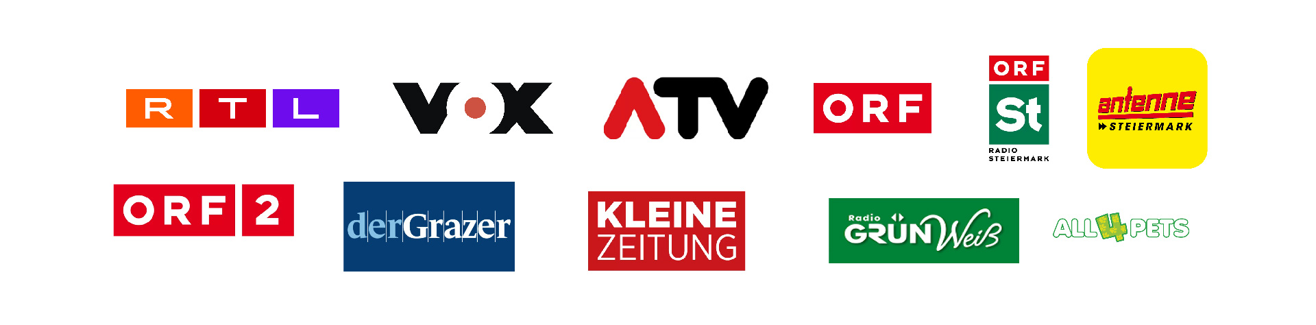 Logoleiste mit bekannten Medienpartnern und Presseerwähnungen für Hundeschule Graz und Bruck
