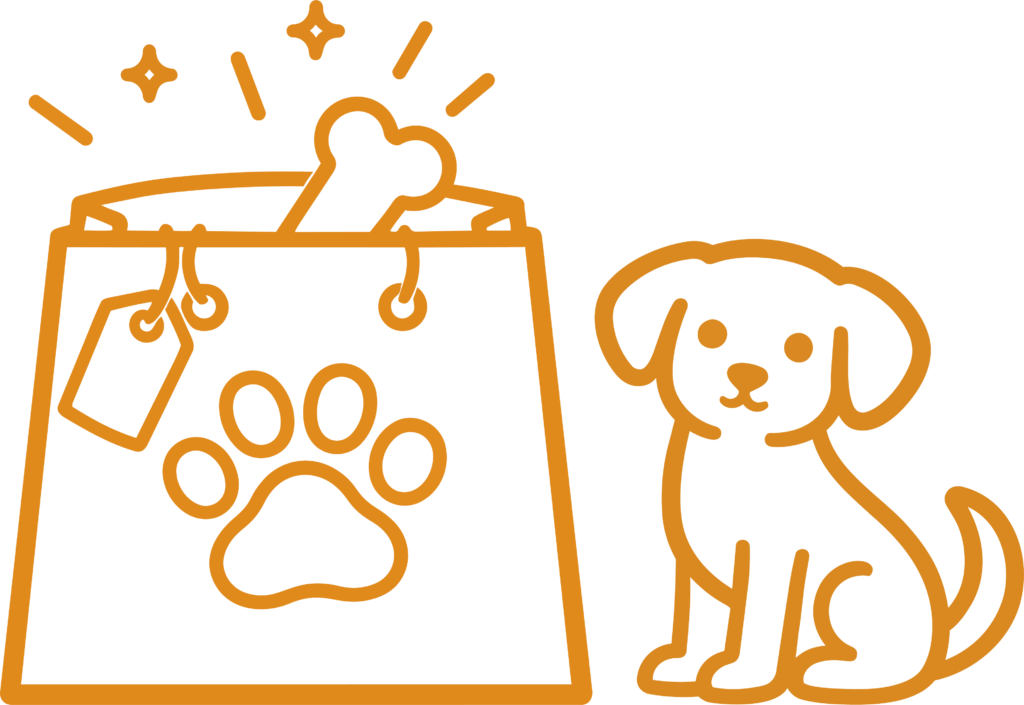 Icon für Welpenkurs Starter-Paket mit Hund, Einkaufstasche und Kauknochen