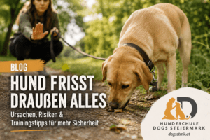 Hund an der Leine frisst draussen etwas vom Boden waehrend eine Person ihn stoppt